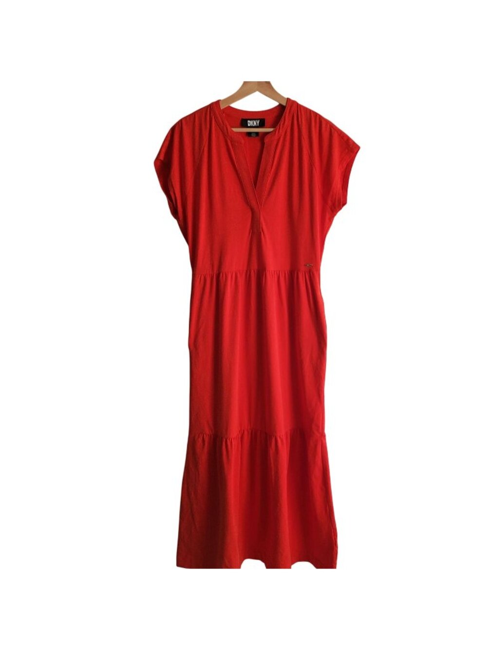 DKNY Red Knit Long Dress S Cotton Tiered Skirt Classic Maxi w POCKETS